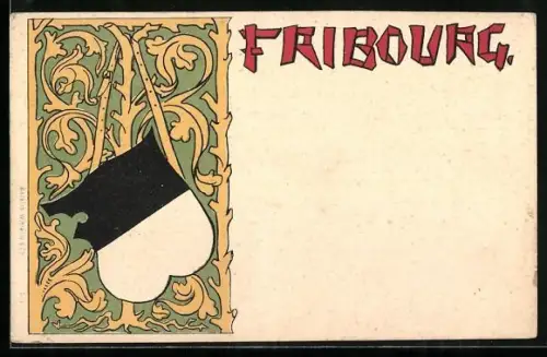 Künstler-AK Fribourg, Wappen mit ornamentalem Hintergrund