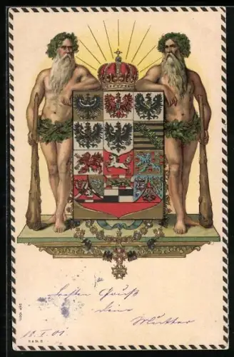 Lithographie Wappen mit Krone und zweiFiguren mit Eichenlaubkranz