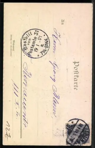 Lithographie Wappen mit Krone und zweiFiguren mit Eichenlaubkranz