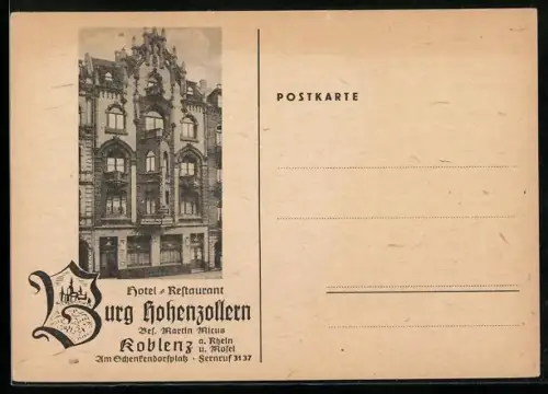 AK Koblenz a. Rhein, Hotel Restaurant Burg Hohenzollern, Inh. Martin Micus