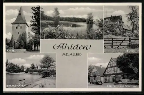 AK Ahlden a. d. Aller, Geschäftshaus Rotermund, Kirche, Schlossteich