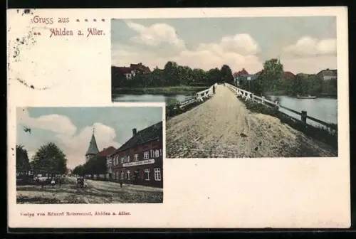 AK Ahlden a. Aller, Brückenpartie, Ortsansicht mit Kirche