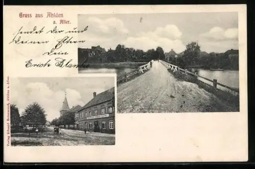 AK Ahlden a. Aller, Strassenpartie mit Blick zur Kirche, Brücke