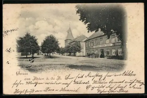 AK Ahlden / Aller, Gasthaus Adolf Asche mit Blick zur Kirche