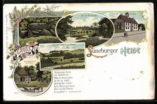 Lithographie Soltau /Lüneburger Heide, Ober-Haverbeck, Rathaus Soltau, Bauernhaus bei Meber