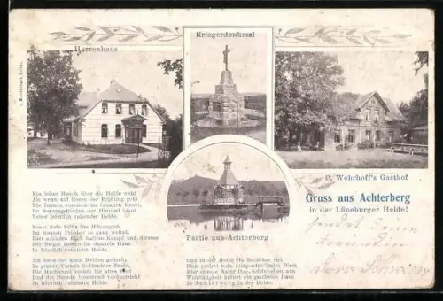 AK Achterberg /Lüneburger Heide, P. Wehrhoff`s Gasthof, Herrenhaus, Kriegerdenkmal
