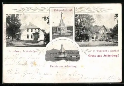 AK Achterberg /Lüneburger Heide, P. Wehrhoff`s Gasthof, Kriegerdenkmal, Herrenhaus