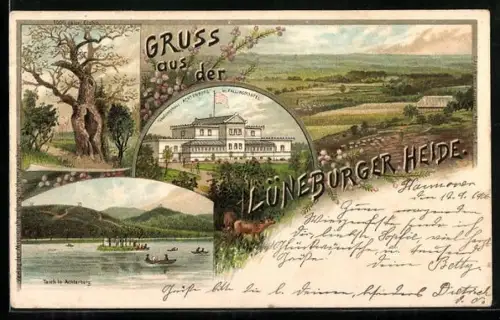 Lithographie Fallingbostel /Lüneburger Heide, Erholungshaus Achterberg, Teich in Achterberg