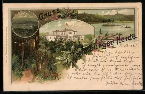 Lithographie Achterberg bei Dorfmark, Erholungshaus Achterberg, Blick vom Falkenberg