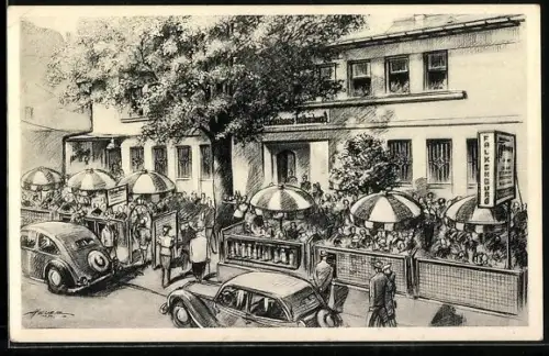 Künstler-AK Frankfurt-Bockenheim, Gasthof Weinhaus Falkenburg, Falkstrasse 72- 74