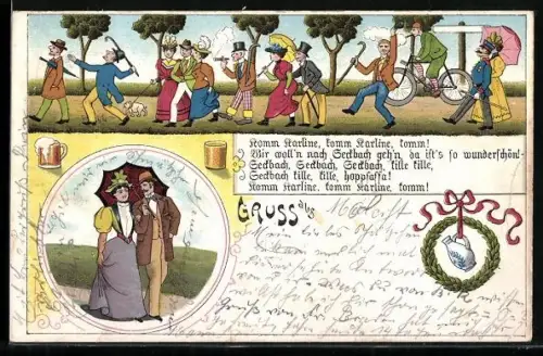 Lithographie Frankfurt-Seckbach, Personen beim Wandern, Ausflug nach Seckbach