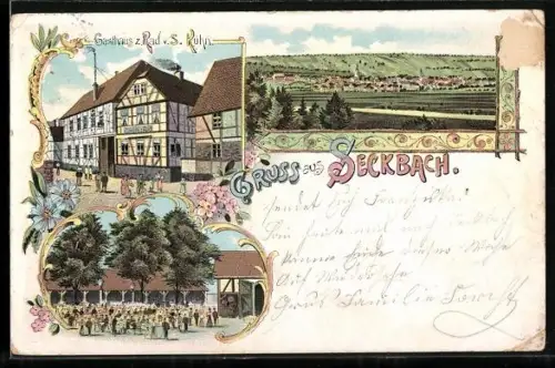 Lithographie Frankfurt-Seckbach, Gasthaus z. Rad v. S. Kühn, Ortsansicht mit Feldern