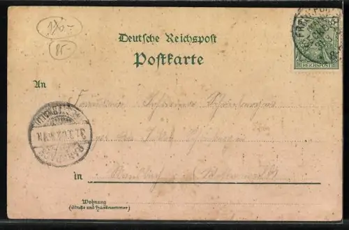 Lithographie Frankfurt-Seckbach, Gasthaus z. Rad v. S. Kühn, Ortsansicht mit Feldern