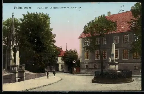Goldfenster-AK Fallingbostel, Kriegerdenkmal u. Sparkasse mit leuchtenden Fenstern