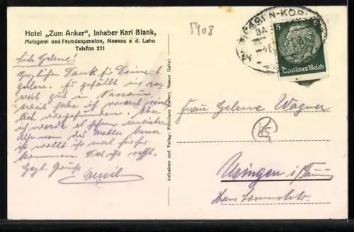 AK Nassau a. d. Lahn, Hotel Zum Anker, Inh. Karl Blank