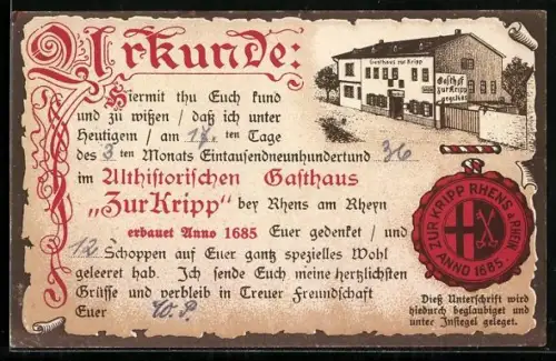 AK Rhens a. Rhein, Gasthaus Zur Kripp, Bes. F. Brettschneider Wwe., Urkunde