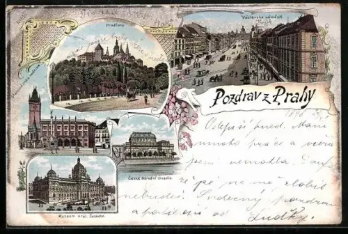 Lithographie Praha, Hradcany, Vaclavske namesti, Museum Kral. Ceskeho