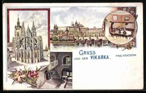 Lithographie Prag, Hradschin, Gasthaus Vikaria, Flusspartie mit Brücke