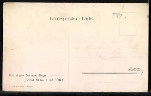 Lithographie Prag, Hradschin, Gasthaus Vikaria, Flusspartie mit Brücke