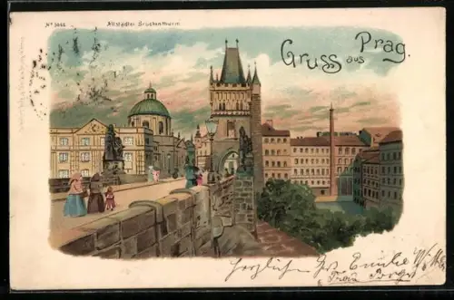 Lithographie Prag / Praha, Partie am altstädter Brückenturm