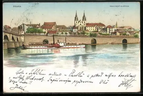 Lithographie Prag / Praha, Emaussky Klaster, Raddampfer an der Brücke