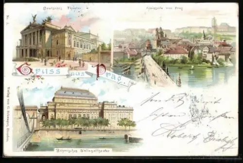Lithographie Prag / Praha, Neues Deutsches Theater, Kleinseite, Böhm. Nationaltheater