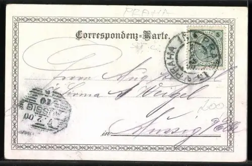 Lithographie Prag / Praha, Neues Deutsches Theater, Kleinseite, Böhm. Nationaltheater