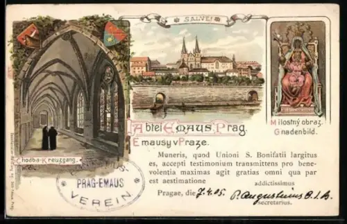 Lithographie Prag / Praha, Abtei Emaus, Gnadenbild, Kreuzgang, Wappen
