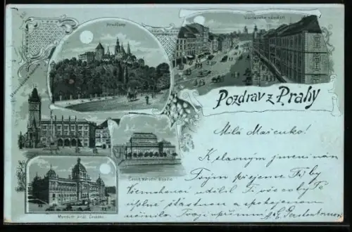 Mondschein-Lithographie Praha, Hradcany, Ceske Narodni divadio, Museum Kral Ceskeho