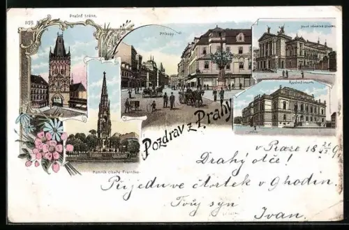 Lithographie Praha, Prikopy, Rudolfinum, Pomnik cisare Frantiska