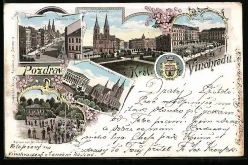 Lithographie Prag / Praha-Kral. Vinohradu, Restaurace Na Feslove, Narodni dum a kostel, Palackeho trida