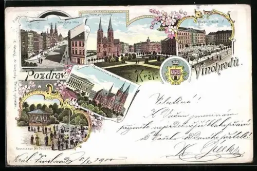 Lithographie Prag / Praha-Kral. Vinohradu, Restaurace Na Feslove, Narodni dum a kostel, Palackeho trida