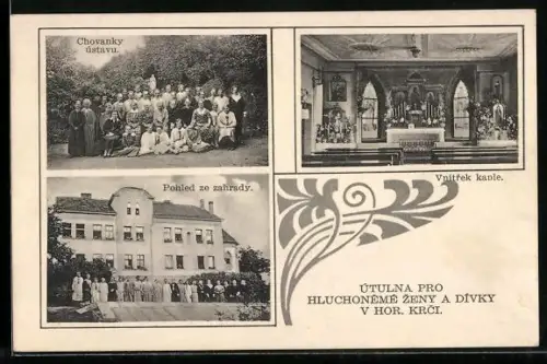 AK Prag / Praha, Horni Krc, Utulna pro Hluchoneme Zeny a Divky, Chovanky ustavu, Pohled ze zahrady