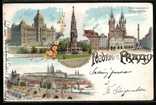 Lithographie Prag / Praha, Grosser Ring und Theynkirche, Karlsbrücke