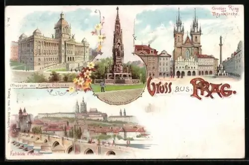 Lithographie Prag / Praha, Grosser Ring und Theynkirche, Karlsbrücke