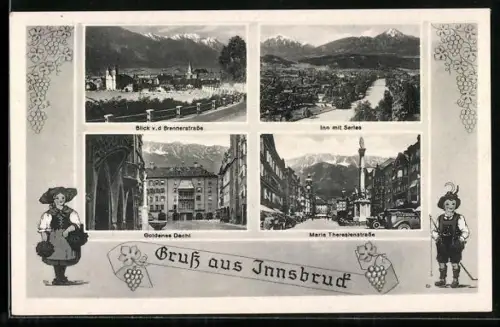 AK Innsbruck, Blick v. d. Brennerstrasse, Inn mit Serles, Goldenes Dachl