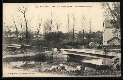 AK Châtillon-sur-Seine, Les Nouveaux Ponts avec troupeau au bord de la rivière