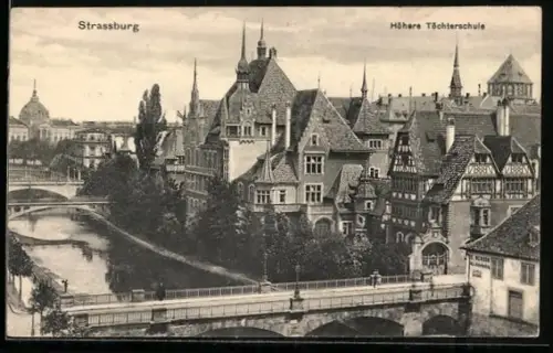 AK Strassburg, Teilansicht mit höherer Töchterschule und Flussbrücke