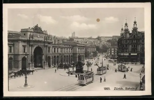 AK Zürich, Bahnhof mit Strassenbahnen