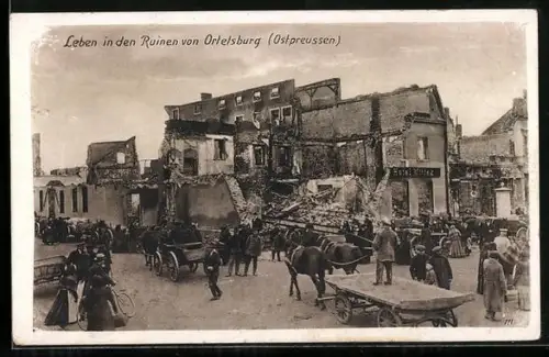AK Ortelsburg / Ostpreussen, Leben in den Ruinen von Ortelsburg