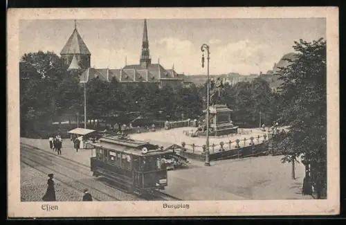 AK Essen, Strassenbahn auf dem Burgplatz