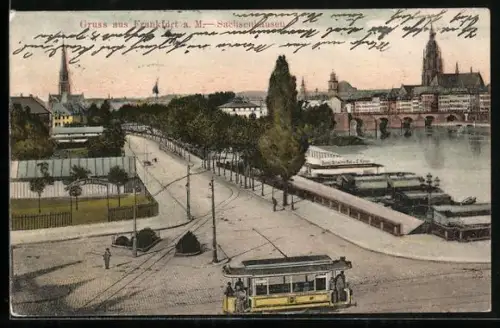 AK Frankfurt-Sachsenhausen, Strassenbahn in Fahrt am Damen Schwimmbad von E. Kavser