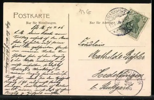 AK Frankfurt-Sachsenhausen, Strassenbahn in Fahrt am Damen Schwimmbad von E. Kavser