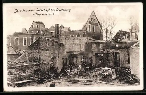 AK Ortelsburg / Ostpreussen, Zerschossene Ortschaft
