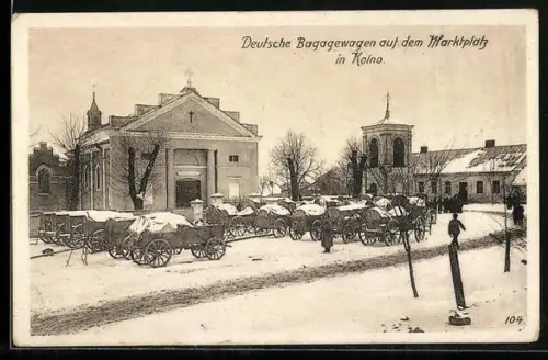 AK Kolno, Deutsche Bagagewagen auf dem Marktplatz, Niemieckie wozy towarowe na rynku
