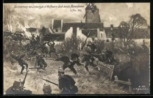 AK Lombartzyde, Die Erstürmung des Ortes durch deutsche Marineinfanterie, 11. Nov. 1914, Windmühle