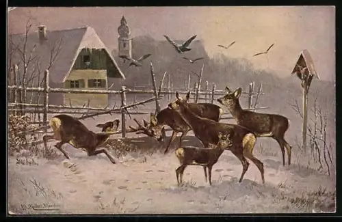 Künstler-AK M. Müller jun.: Rehe am Zaun in einer winterlichen Landschaft