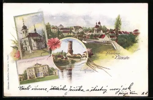 Lithographie Prag / Praha-Vinor, Hrad Jenstyn, Kostel, Zamek Hrabat Cerninu