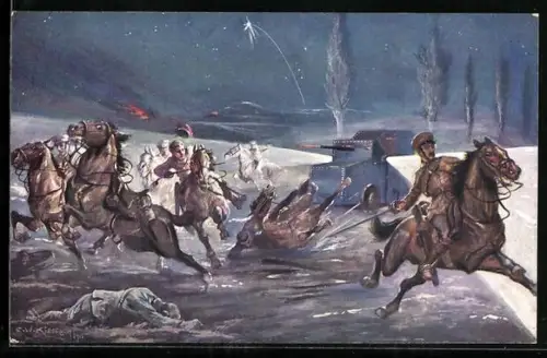 Künstler-AK C. W. Kiesslich: Deutsches Panzerautomobil überrascht engl. Kavallerie-Patrouille