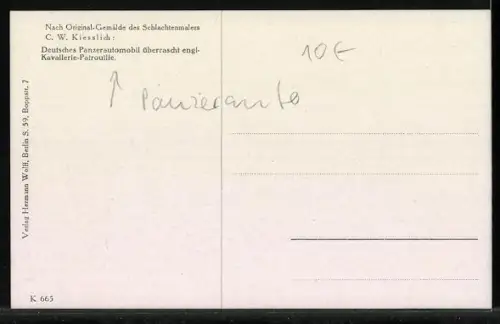Künstler-AK C. W. Kiesslich: Deutsches Panzerautomobil überrascht engl. Kavallerie-Patrouille